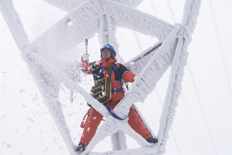 国网鹤峰县供电公司党员突击队在110千伏走五线22号塔开展除冰作业。覃涛摄