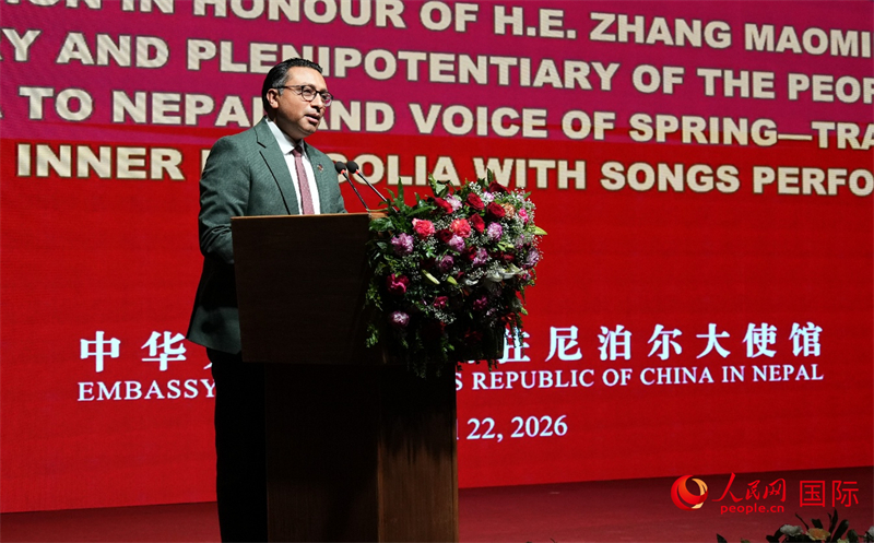 尼泊尔财政部长瓦格勒致辞。人民网记者 李墨摄