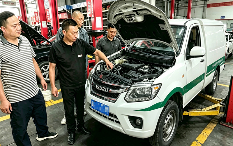 丁师傅带队在检查送货车状况。王哲铭摄