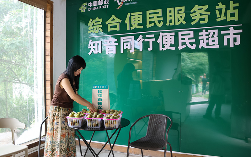 村支书汪平在便民服务站筹备农产品直播销售